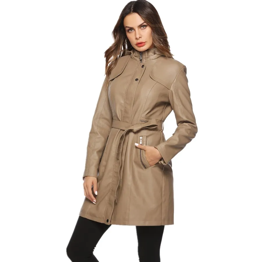 Fashion brand longer style velvet lining inside warm pu leather jackets female elegant long sleeve warm leather jacket wq672