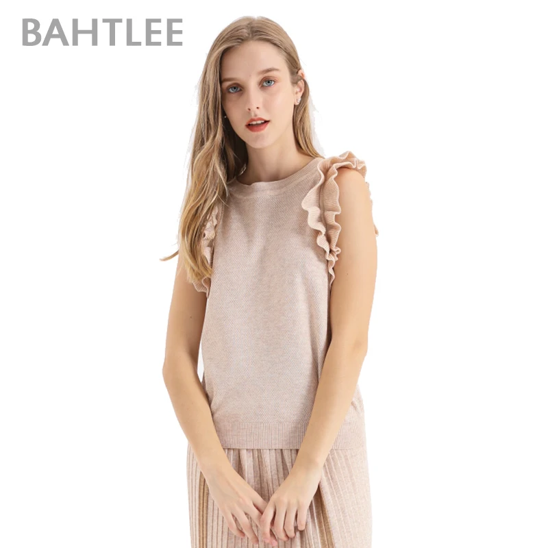 BAHTLEE Summer Frilled Trim knitted Slim Fitted Tee Sleeveless T-shirt Women Elegant Solid O-neck sweater Tshirt ruffles