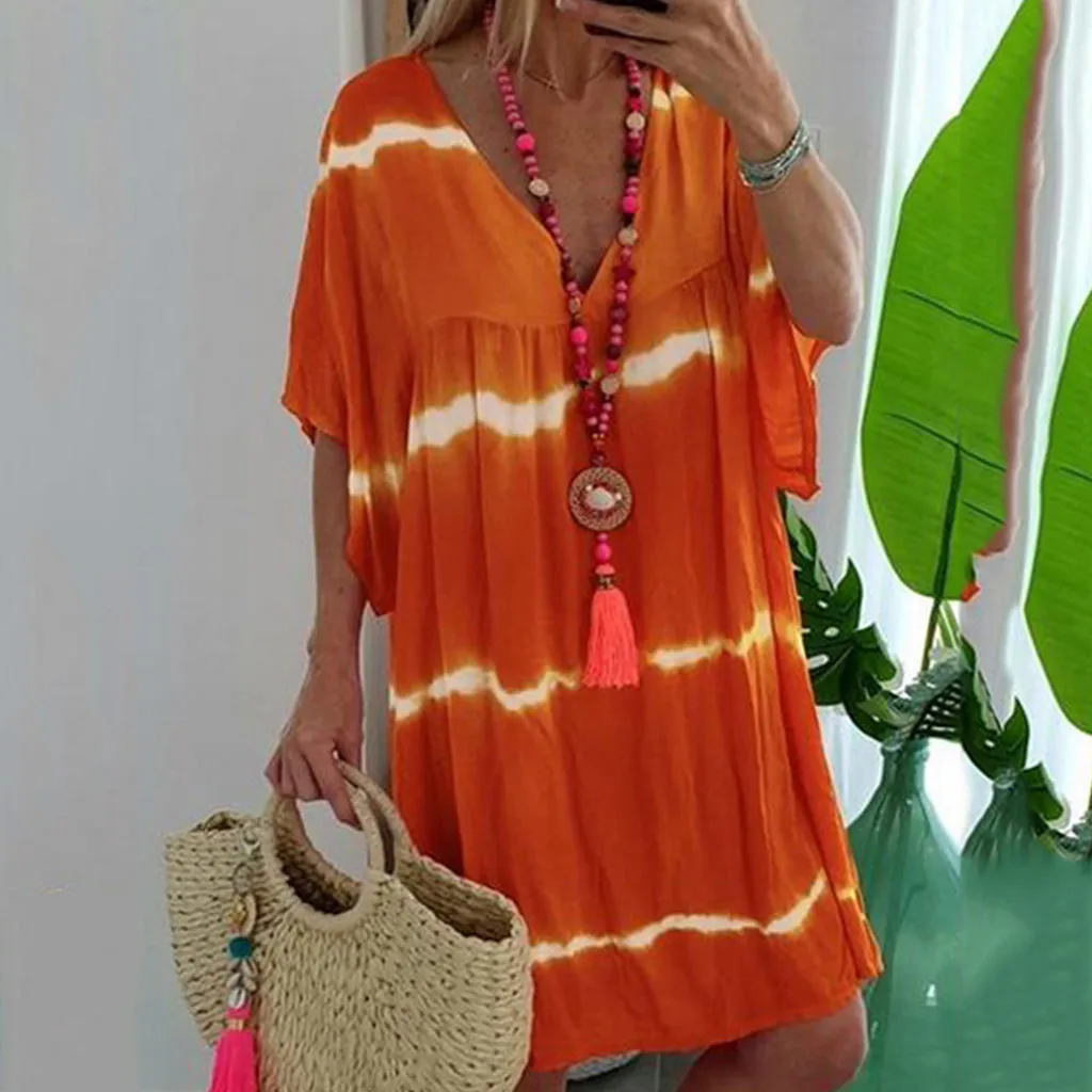 Boho свободное летнее женское платье с v-образным вырезом и коротким рукавом чистый