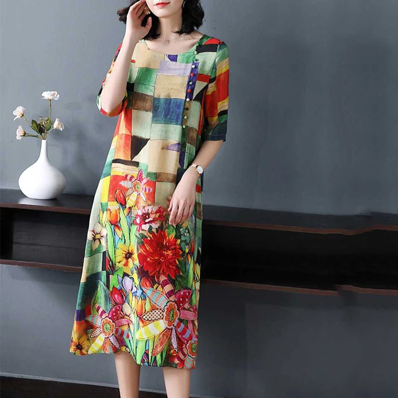 

Summer dress Leisure loose Fashion Print Female 2019 Imitate Real Silk Dress Temperament office Lady Dresses aa759