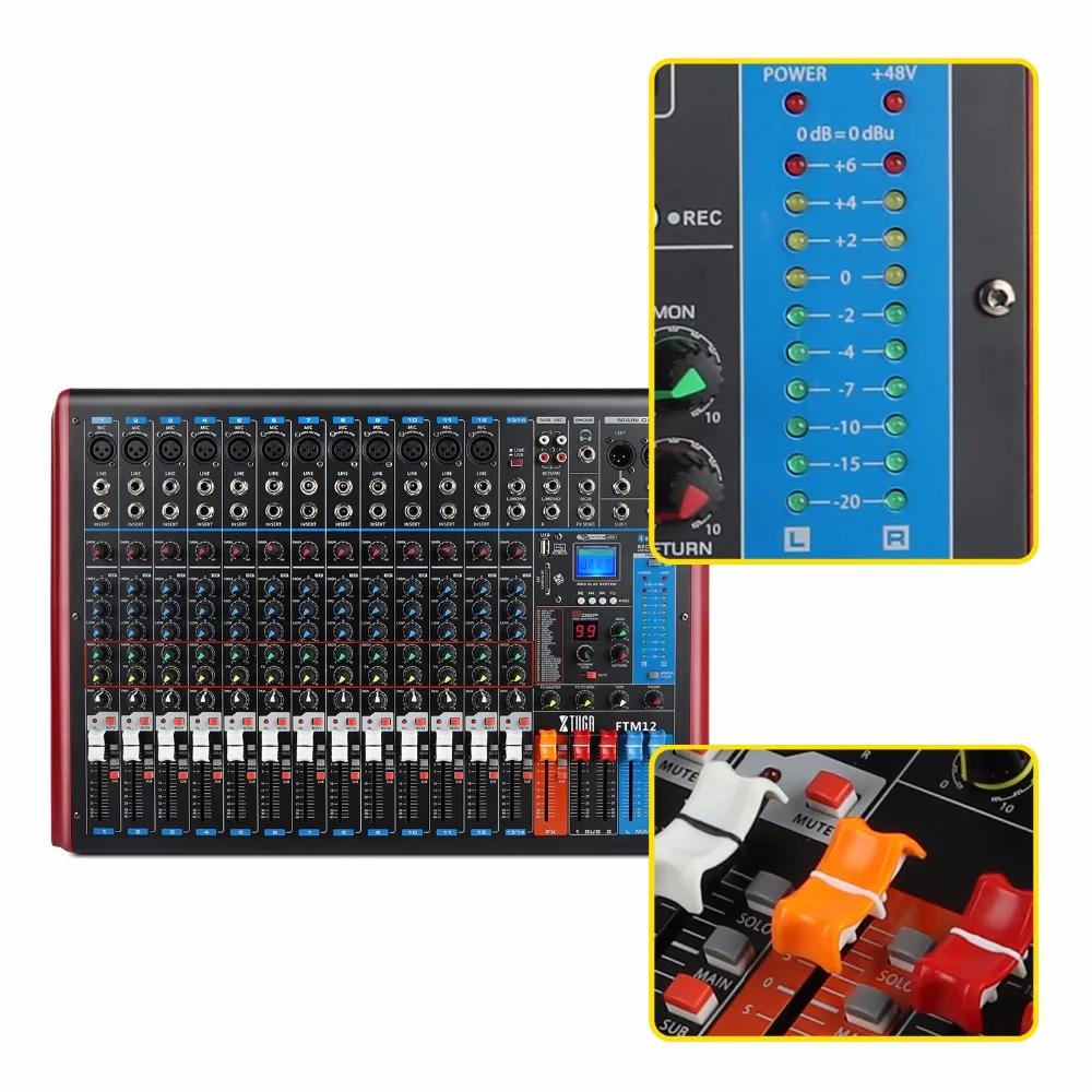 XTUGA FTM12 канала профессиональный звуковой микшер звука встроенный 99-bit DSP цифровой эффект с записываемый функция MP3 Распознавание отпечатков пальцев, Bluetooth, USB