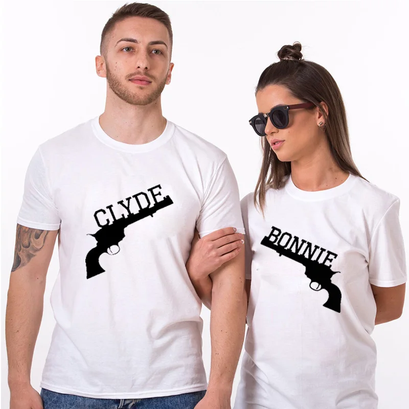 Одинаковые футболки для пар 100% хлопок Bonnie and Clyde Забавный Свадебный Топ футболка