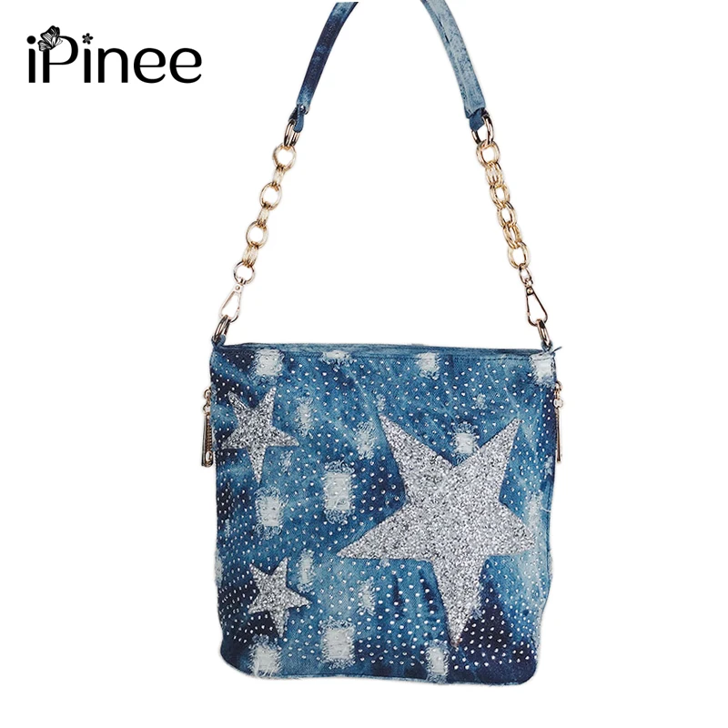 

iPinee Women Denim Bag Luxury Fashion Hot Drilling Messenger Bags Female Broken Hole Crossbody Bags for Women Shoulder Bags 2021