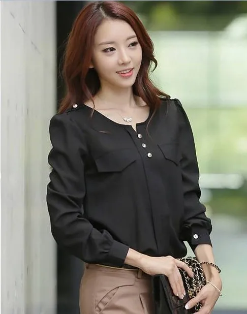 Free Shipping Wholesale Brief Pure Color Buttons Decorative Round Collar Long Sleeves OL Style Pleated Tops Blouse Green Black |
