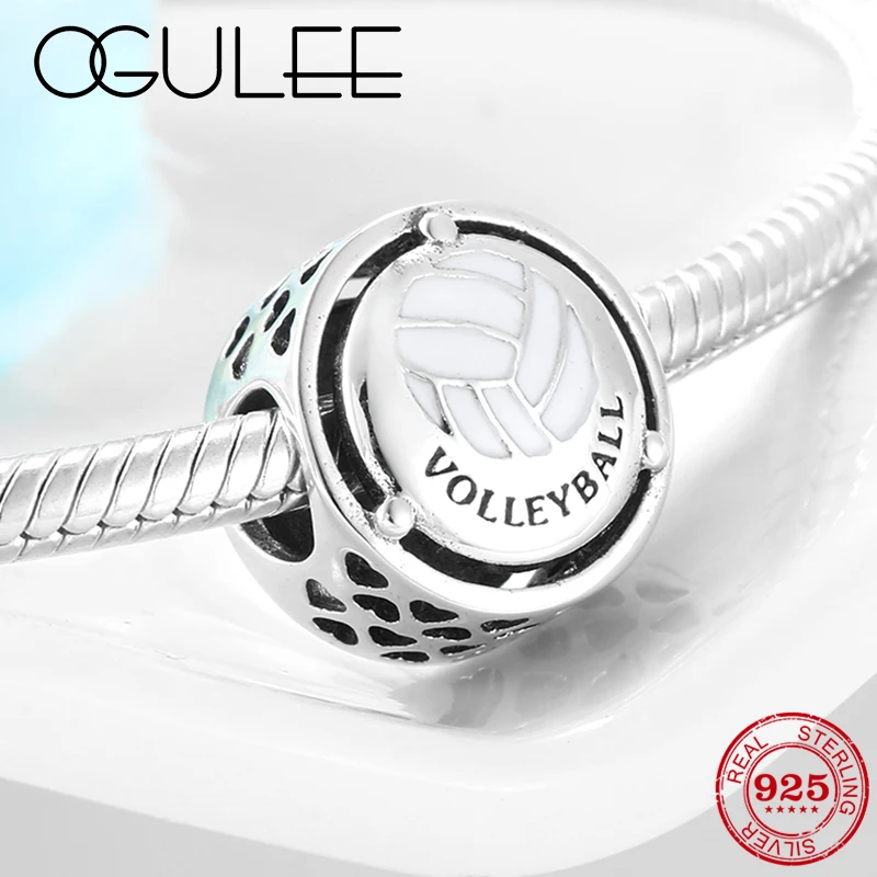 925 стерлингового серебра белая эмаль &quotволейбол&quot Спорт Логотип сердца