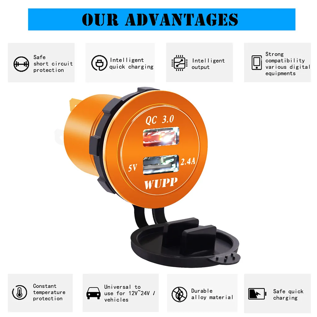 QC 3.0 Dual USB Charger Socket Voltmeter Quick Charge 3.0 Wire Waterproof for Car Motorcycle Mobile Phone Charger Fast QC#Y8