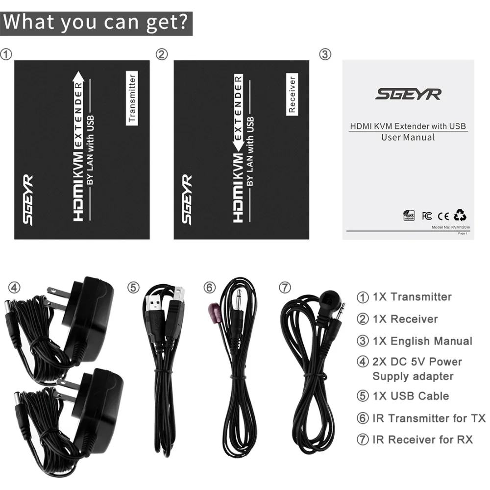 

395ft HDMI KVM Extender 120m by Single CAT5e/6 IR Ethernet SGEYR HDMI USB Keyboard Mouse K/M Extensor Extender Support 1080P