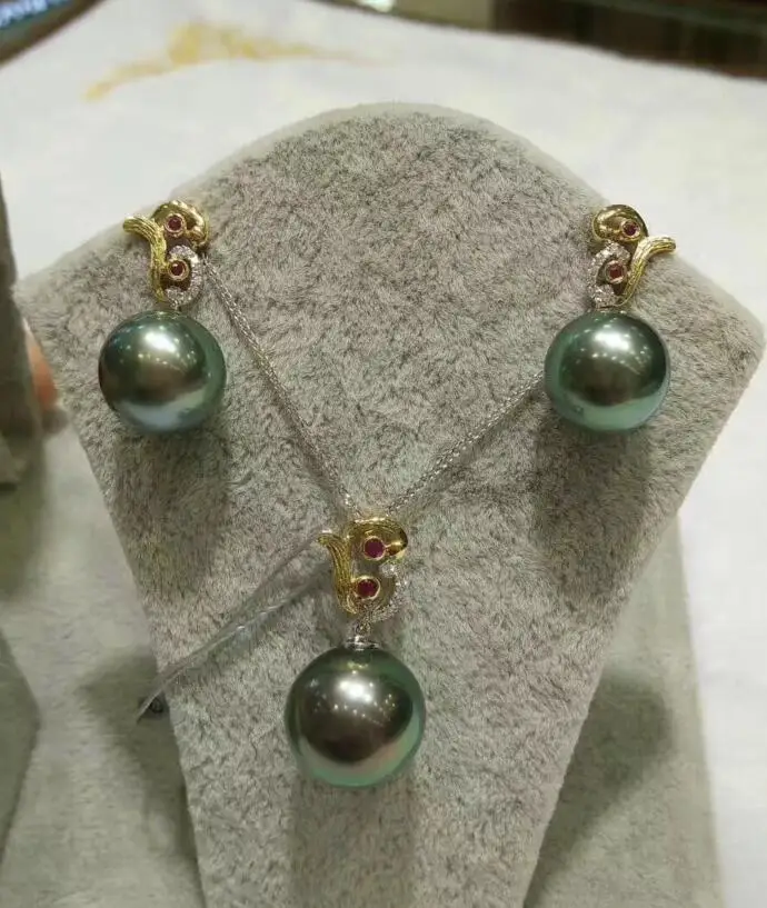 Бесплатная доставка 11,2-11,6 мм Серьги 13,3-13,8 мм подвеска подлинное Южное море TAHITIAN черный зеленый жемчуг ожерелье