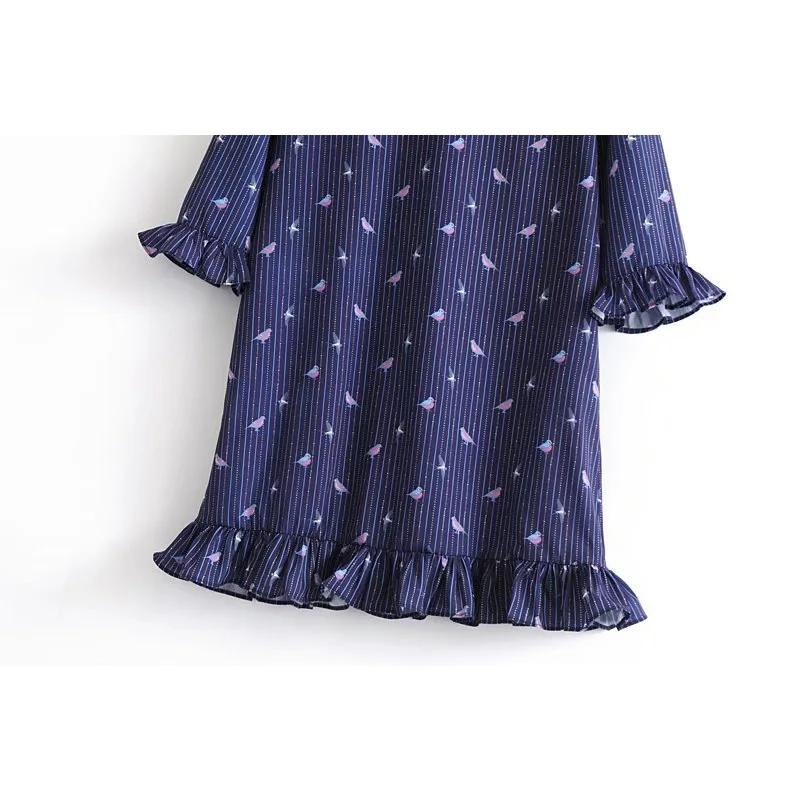 New Print Dress Women Birds Lady Fashion Patchwork Ruffles Female Butterfly Three Quarter Sleeves Knee Vestidos LTD119262 | Женская