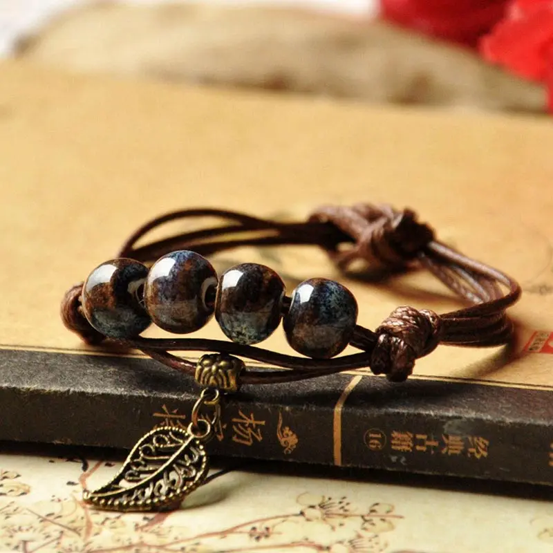 Винтаж браслет Лидер продаж тканых Бронзовый листьев ретро Керамика Бусины и