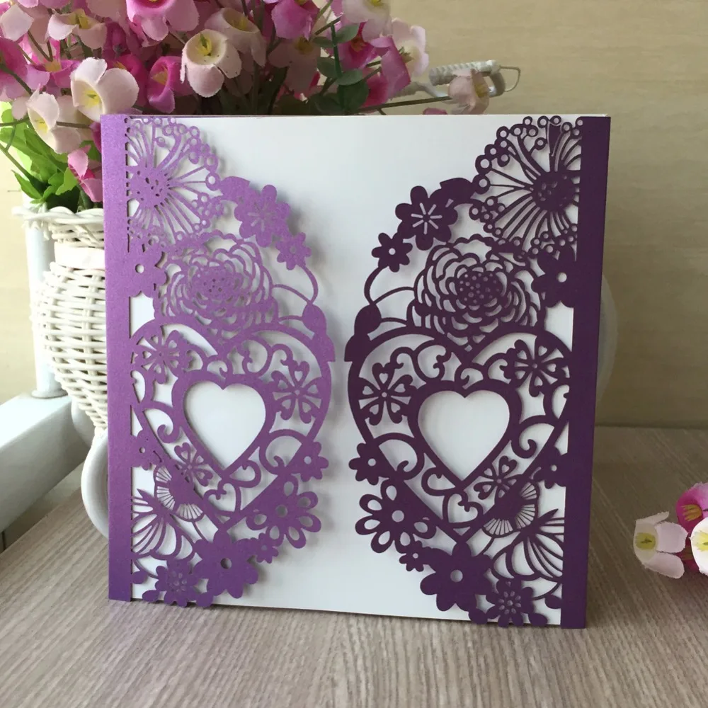 

30pcs Vertical Love Heart Laser Cut Flowers Invitations Cards Kits for Wedding Bridal Shower Birthday Dark Purple &Dark Green