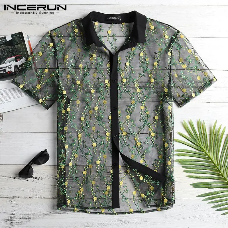 INCERUN Mesh Men Shirt Printing Transparent Sexy Short Sleeve Slim Fit Party Tops See Through Fashion Club Lace Shirts Men