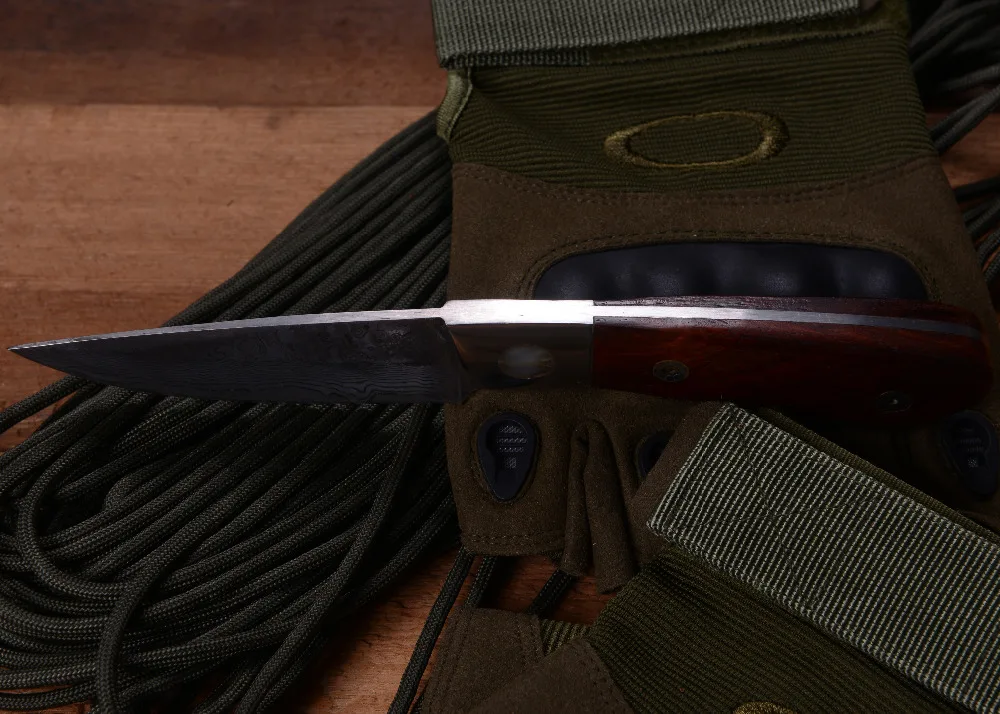 Дамаск Полный Тан деревянной ручкой Тактический маленький прямой нож для