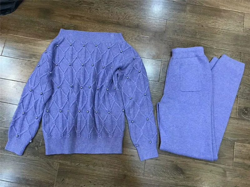 Tracksuits 2021 autumn and winter 2-piece Suit Hand-beaded Word Shoulder Wool Mink Sweater + Knit Trousers Two-piece Women |