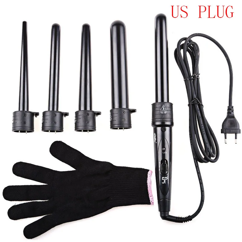BLACK US PLUG DODO Pro, 5 частей, Сменные щипцы для завивки волос, керамическая машинка для завивки волос, мультиразмерный ролик, термостойкие перчатки, набор для укладки - Цвет: BLACK US PLUG