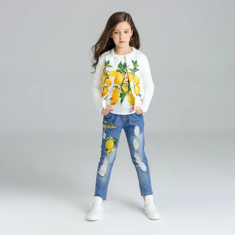 Girls Clothing Sets 2018 Spring Autumn Kids Clothes For Baby 3 Pieces Floral Casual Suit Ripped Jeans | Детская одежда и обувь