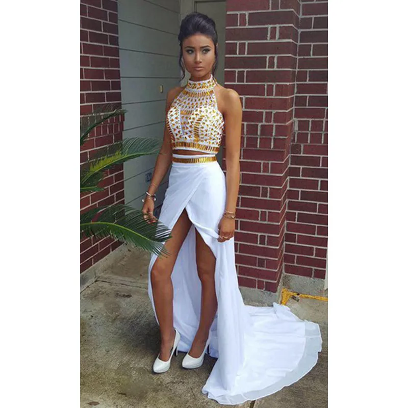 Белый платье с сплит шифон сексуальные гала бисером крозе топ 2 шт. пром платья