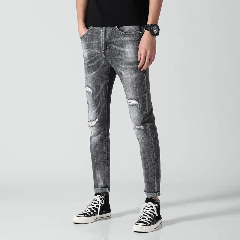 Мужские повседневные Стрейчевые облегающие джинсы брюки белого цвета весна лето