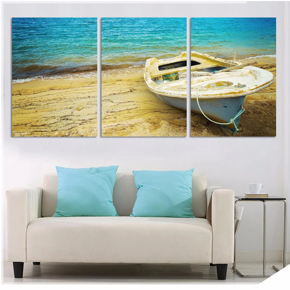 

Home Decor Wall Art Modular Poster Living Room 3 Panel Sea Boat Landscape HD Printed Modern Canvas Painting Framework Pictures