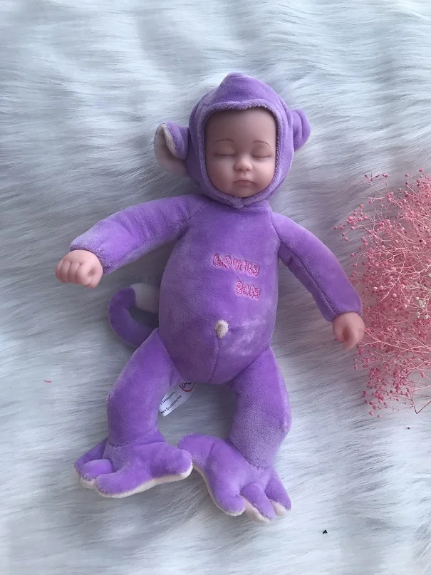 Purple Monkey 25/35 см спящий младенец куклы Reborn с милыми животными, плюшевая кукла игрушечный олень, детский приятель кровать игрушки, силиконовые перерожденные куклы младенцы, с музыкой - Цвет: Purple Monkey