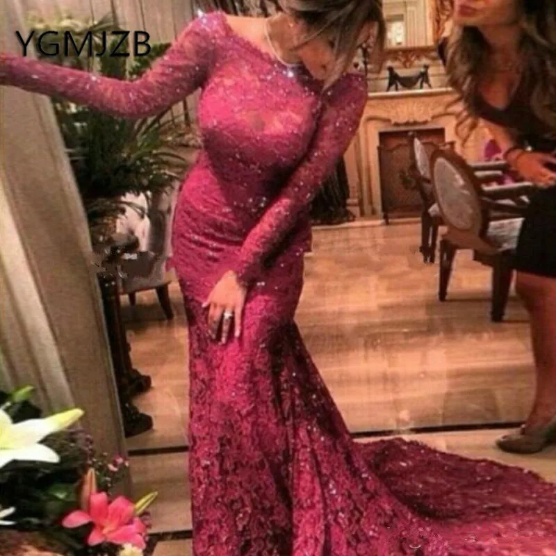 Abendkleider 2019 Elegant Evening Dresses Long Mermaid Full Sleeves Beaded Lace Saudi Arabic Women Formal Prom Gown Party Dress | Свадьбы и