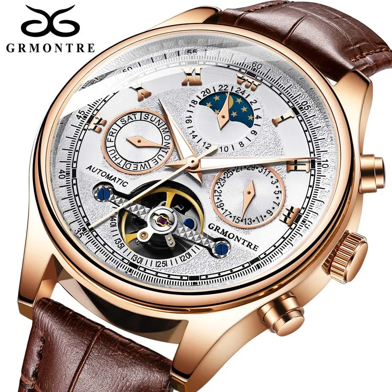Rose gold White Moon Phase Топ бренд для мужчин s механические часы автоматический Турбийон Скелет часы для мужчин календарь Relogio Masculino Прямая поставка GRMONTR - Цвет: Rose gold White