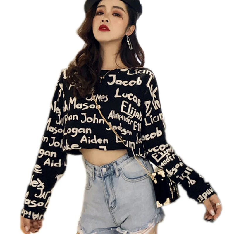 

Autumn Long Sleeve T-shirt Woman Harajuku BF Cotton Loose Letter Printed Tee Shirt Female Crop Top Women Clothing Oversized