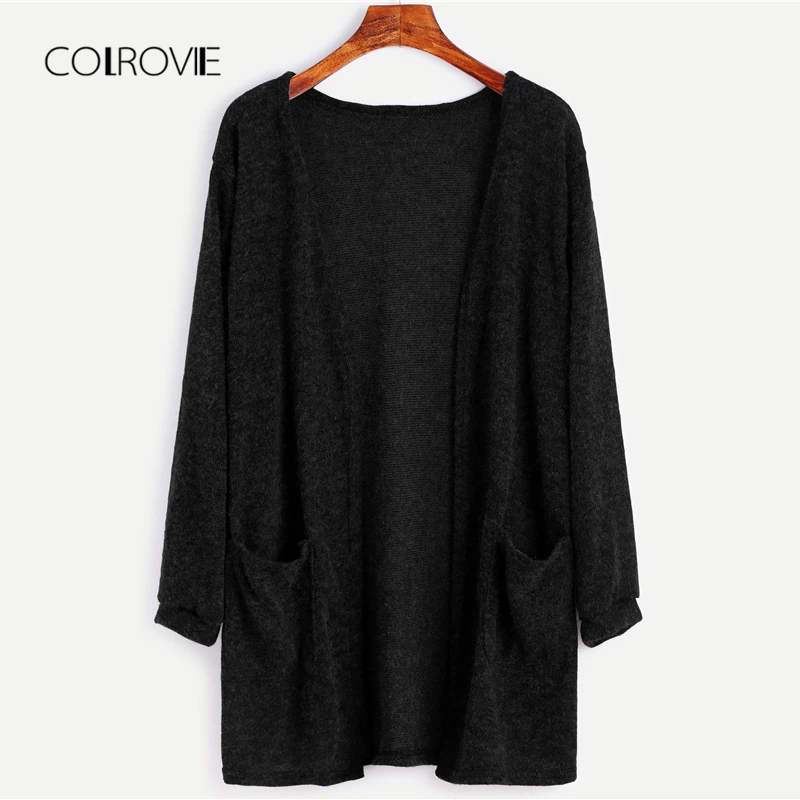 COLROVIE, черный однотонный Пушистый кардиган, женский свитер,, Осенний длинный свитер, женский длинный рукав, с карманами, женская одежда