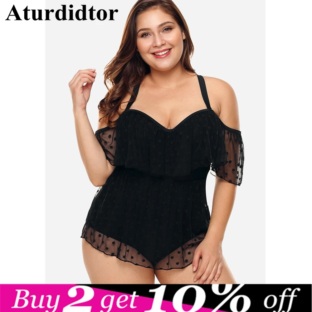 Плюс размер сексуальный цельный купальник с сеткой черный на косточках пуш ап