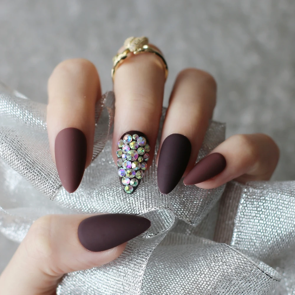 Темно-кофейный полный кристалл накладные ногти-стилеты для ногтей телесный полный набор 28 шт Средний индивидуальный логотип DIY каплевидные матовые накладные ногти
