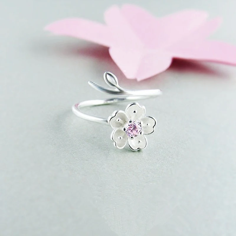 2019 Fresh Silver-plated Pink Cherry Blossom Open Ring Female Petal Zircon And Copper 090702-1 | Украшения и аксессуары