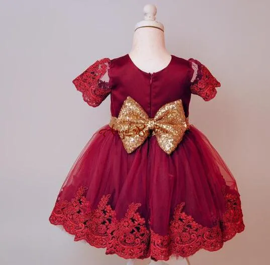 Милое Платье До Колена Для девочек из бордового кружева и тюля с цветочным узором