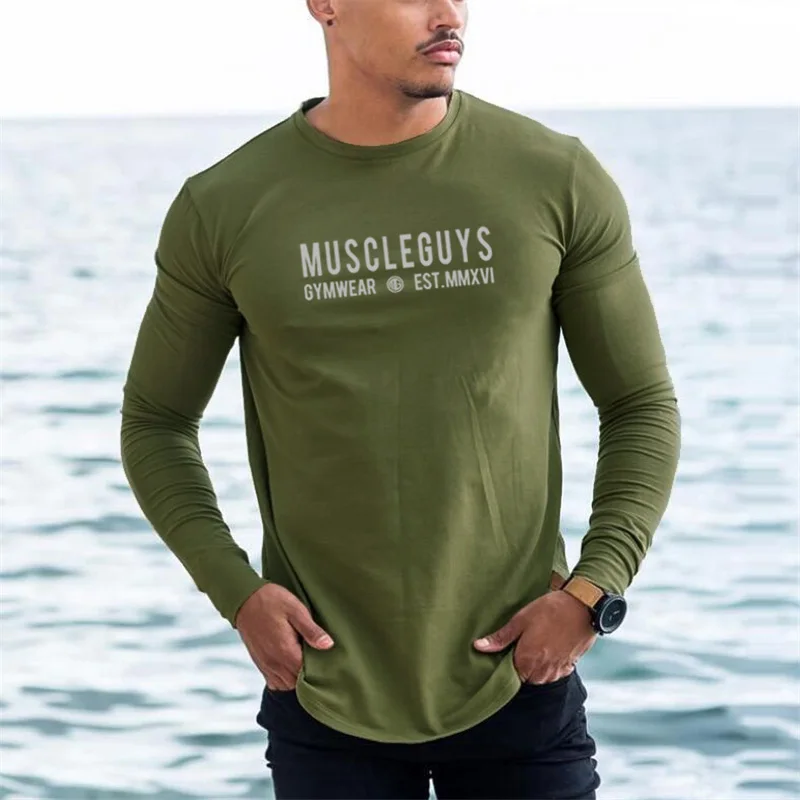 Бренд Muscleguys, модная мужская одежда из эластичного хлопка с длинным рукавом, облегающая футболка, Мужская футболка для тренажерного зала, повседневная облегающая футболка