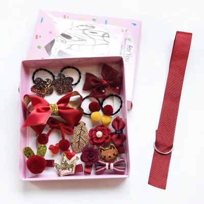 Box-red 18 шт./компл. Дети Детские украшения для волос заколки Мультяшные Детские Луки заколки с цветком Pom заколки для волос повязка на голову - Цвет: Box-red