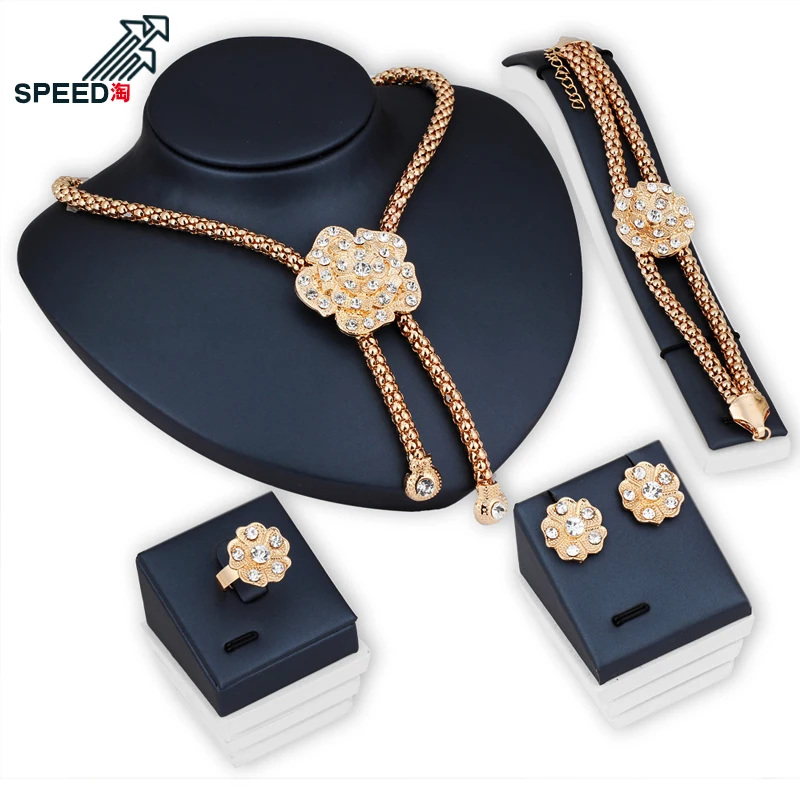 European and American alloy inlaid crystal pendant necklace earrings ring bracelet jewelry set bride holiday | Украшения и
