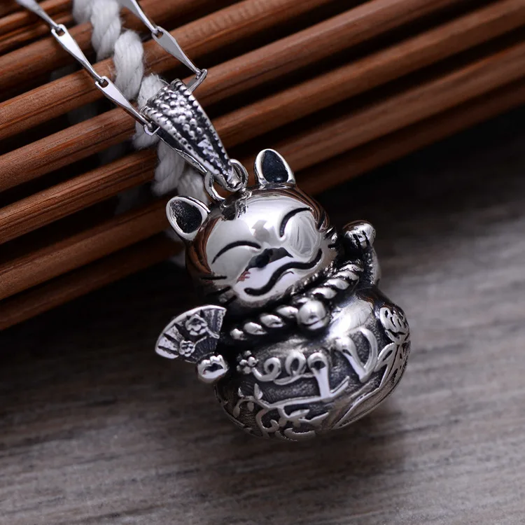 Lucky Cat & Bag 925 пробы серебряный Ретро Подвеска для ожерелья мужчин и женщин
