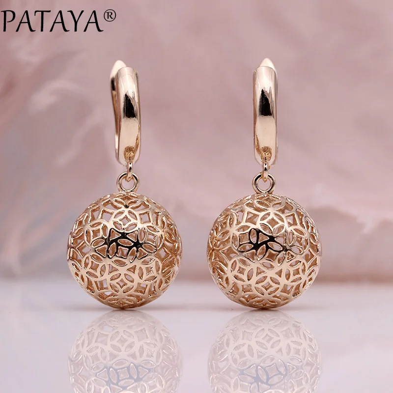 PATAYA, новые милые серьги, уникальные, резные, полые, 585, розовое золото, длинные висячие серьги для женщин, модные, свадебные, вечерние, изысканные, трендовые ювелирные изделия