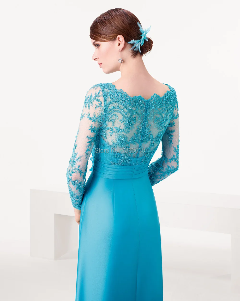 Vestido de Festa Charming Elegant Blue Satin Evening Dress 2015 New Design A-Line Long Sleeve Applique Flower Women Formal | Свадьбы и