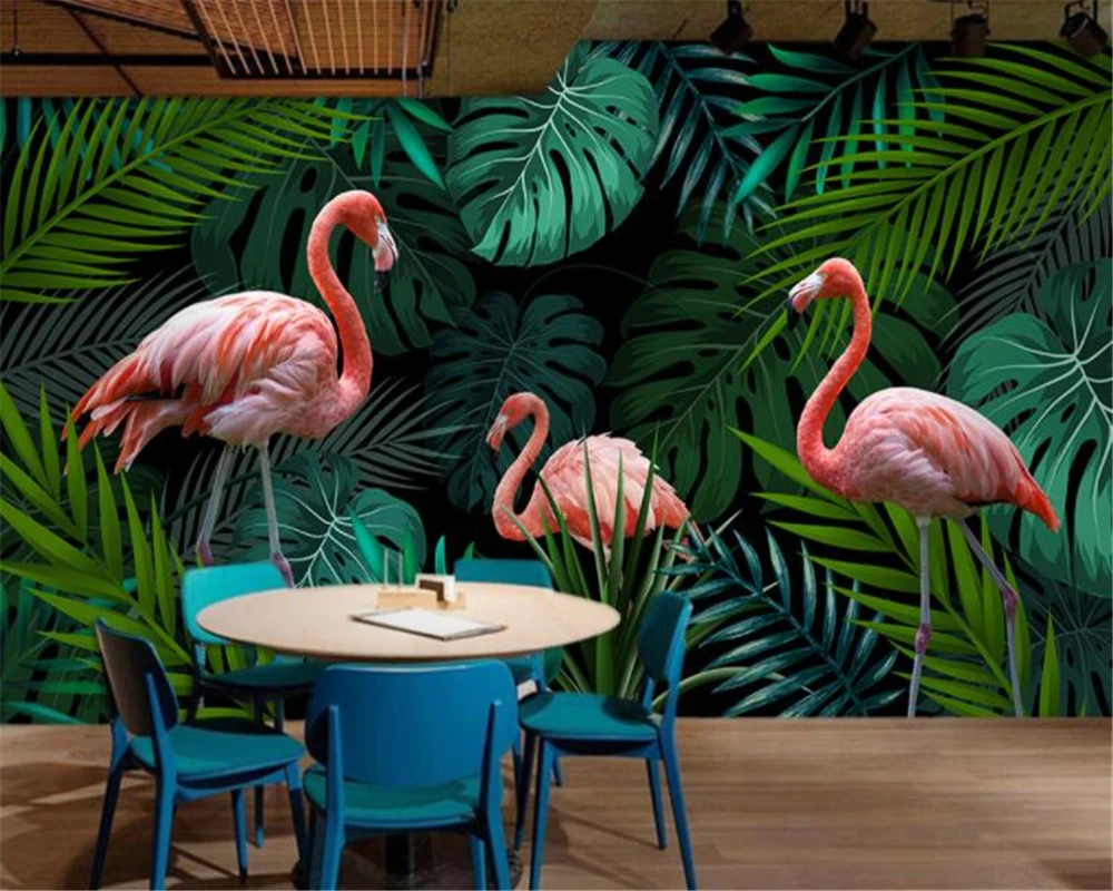 beibehang papel de parede Custom Wallpaper Wall Stickers Hand green drawn tropical rain forest flamingo Mural 3d wallpaper | Обустройство