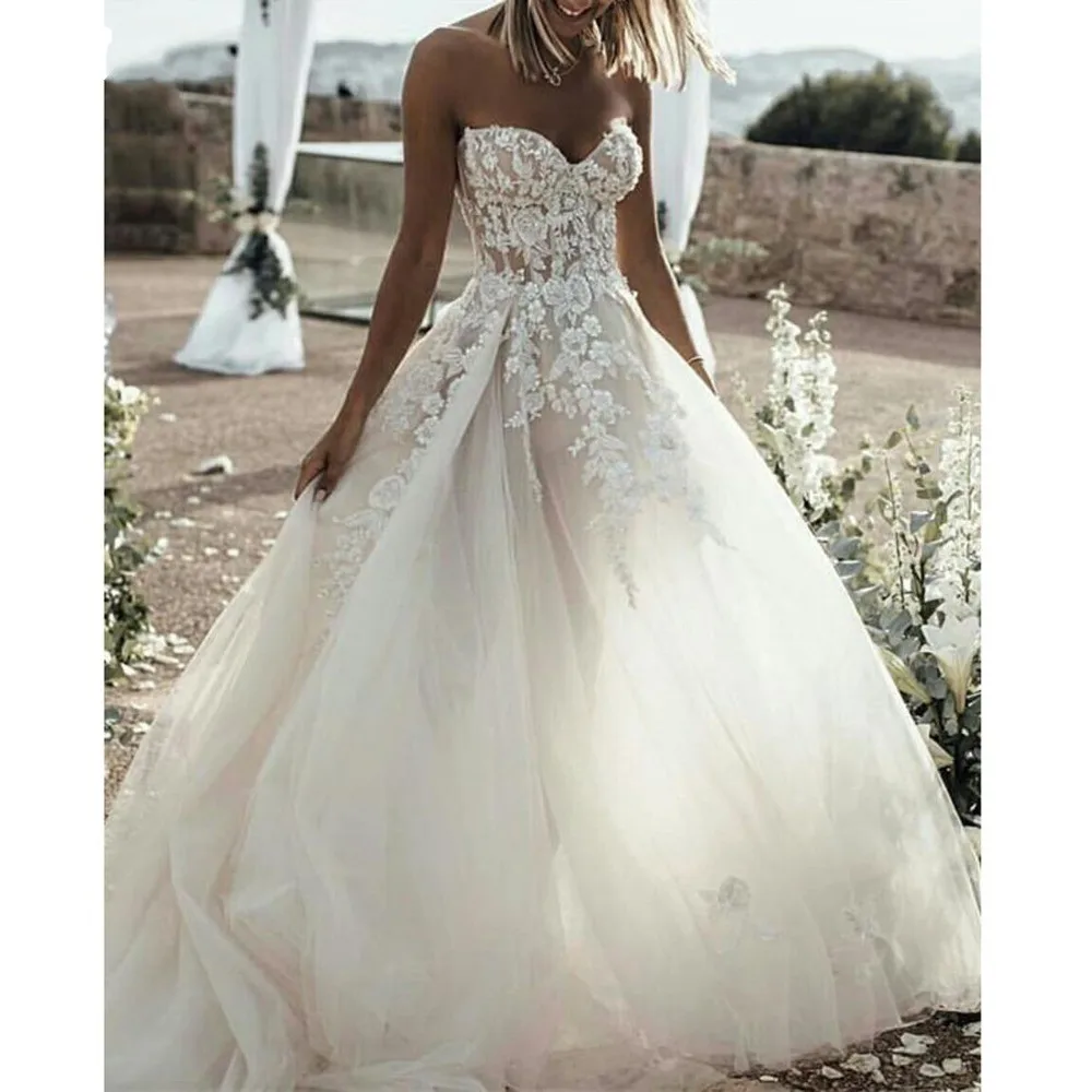 Милое платье для невесты феи из тюля аппликация с открытыми плечами бежевое vestido