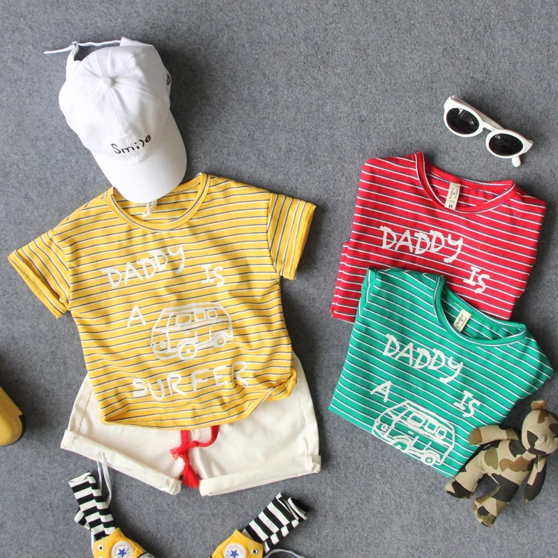 

90-130cm height new 2019 summer boys O-neck cartoon striped short sleeve t shirt boys fashion style summer t shirt