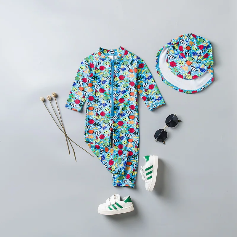 Купальный костюм для мальчиков Цельный Детский купальный с шапкой и длинными