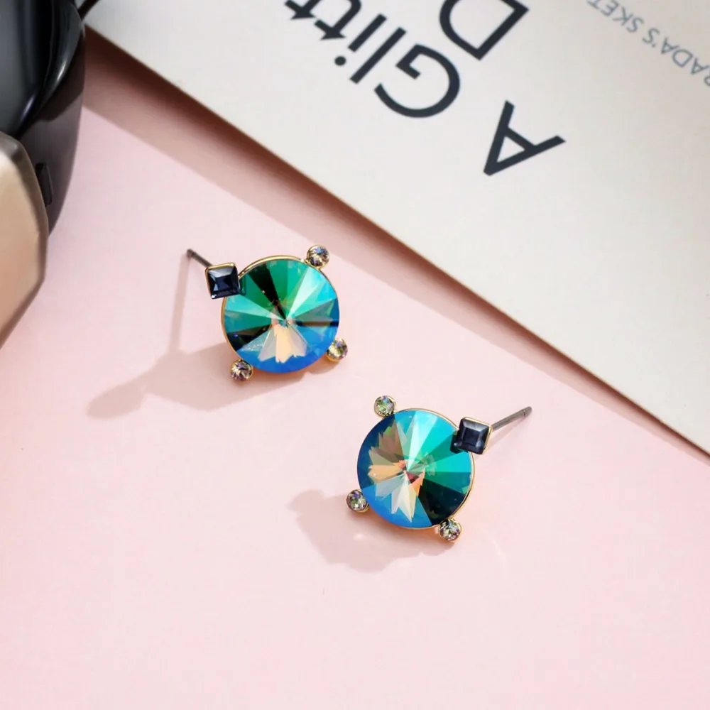 Neoglory Austria Rhinestone Geometric Design Stud Earrings Colorful Green Stylish Cool Cute Trendy Women Holiday Elegant Party | Украшения
