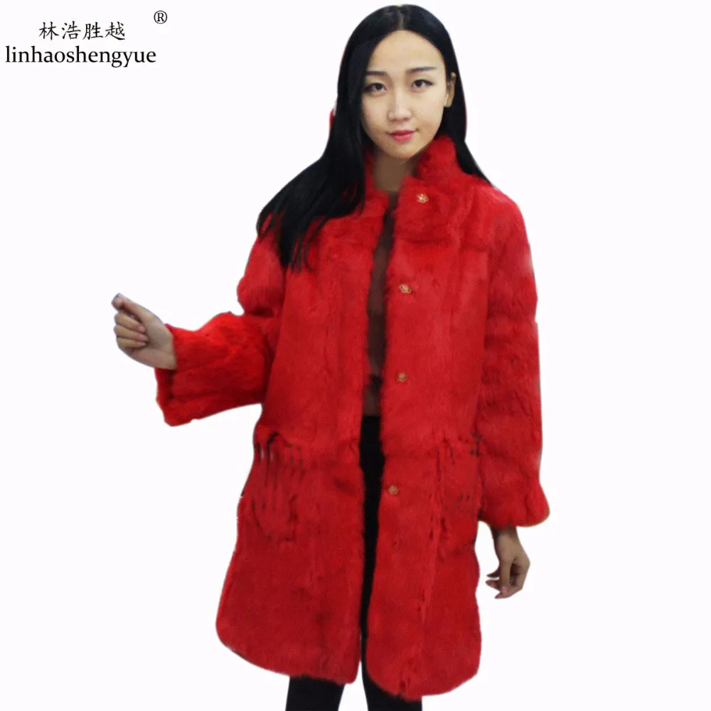 Linhaoshengyue 80cm Lenght  Real Rabbit Fur Coat 2016 Natural Fur Women Winter