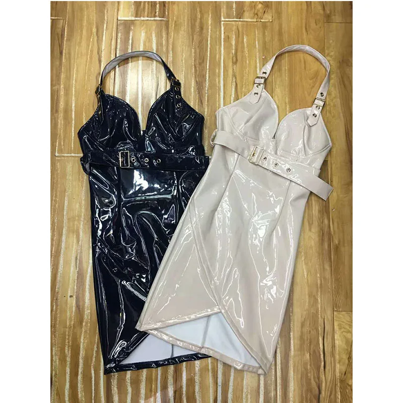 Новый стиль модное платье из искусственной кожи черное бежевое сексуальное на