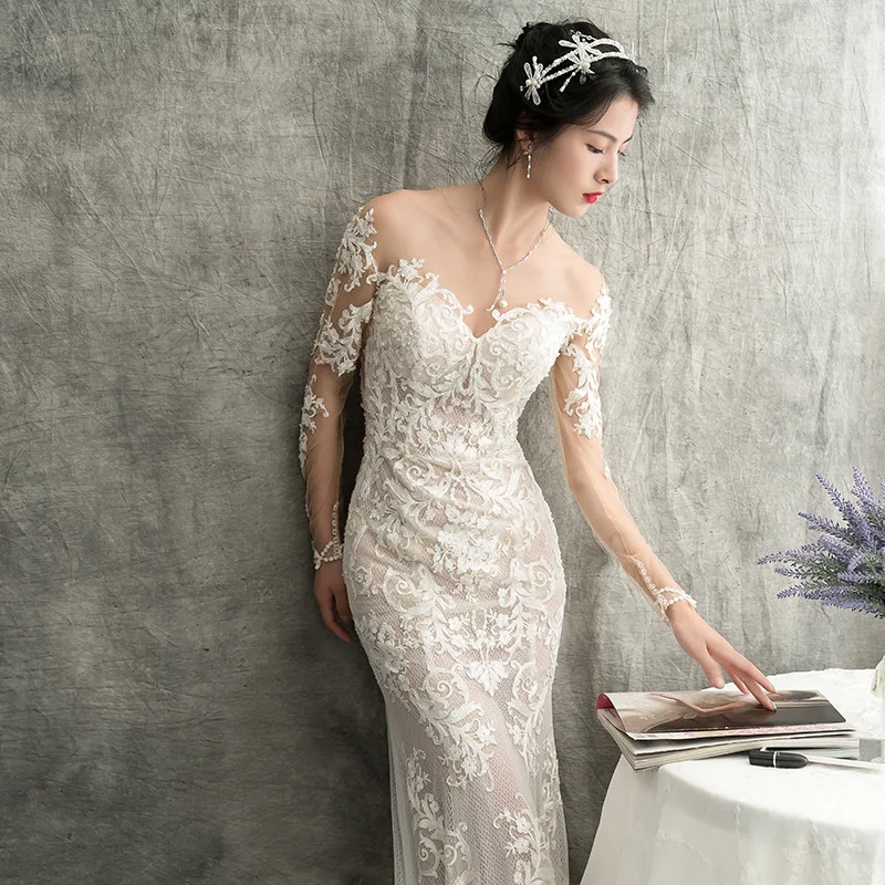 Vestido De Noiva 2019 г. Mrs Win The Bridal с длинным рукавом роскошное платье шлейфом на молнии