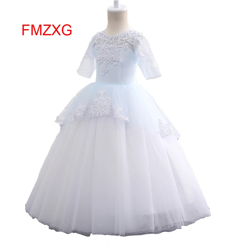 Длинные Тюль Роза Праздничные платья для девочек Половина рукава бальное платье