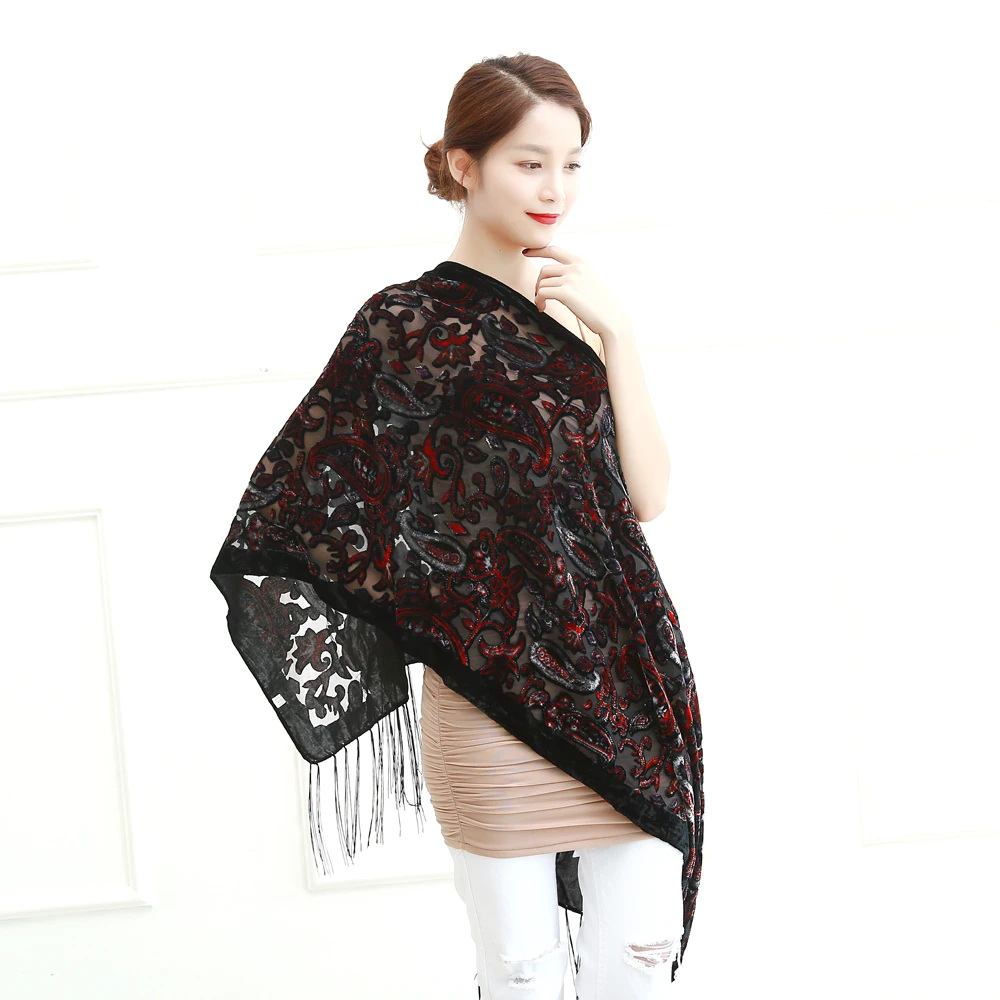 Лимит количества! Черный бархатный женский шарф кешью зимнее вечернее пончо
