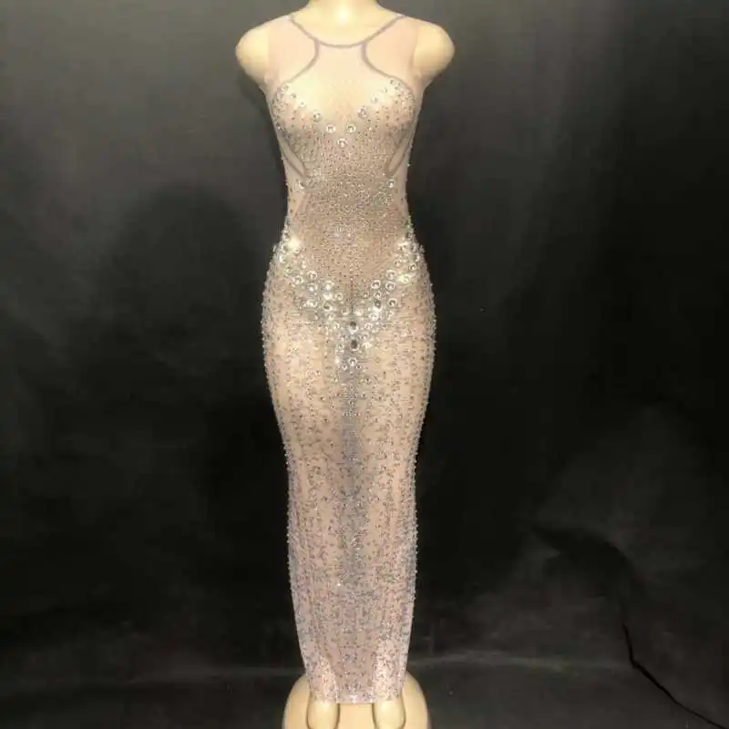 

Sexy Silver Rhinestones Nude Dress Women Sexy Nightclub Stones Dress Singer Costume Prom Birthday Celebrate Stretch Dresses