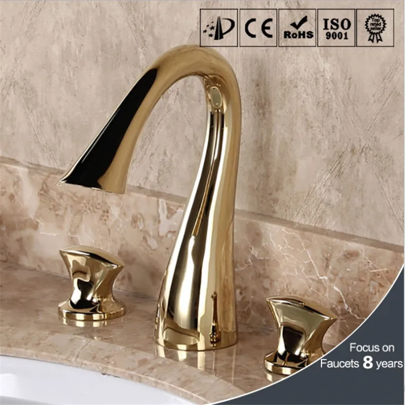 Роскошные Лебединая шея стиль бортике 3 отверстия смеситель золото titanize бассейна